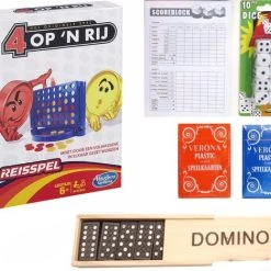 Hasbro Gaming Vakantie Reis Spelletjes Pakket. 4 Op 1 Rij / Vier Op Een Rij Reis Editie Domino - Yatzee Score Kaarten 10 Dobbelstenen 20 Pakken Speelkaarten.