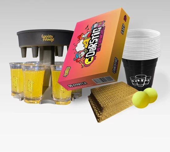 Gouden-Avondje? Combi-deal - Dorstig Pakket - Gouden-Avondje - Dorstig - Gouden Kaartspel - Shotdispenser - Bierpongbekers - Nederlands - 18+ 3 Gouden-Avondje? Combi-deal - Dorstig Pakket - Gouden-Avondje - Dorstig - Gouden Kaartspel - Shotdispenser - Bierpongbekers - Nederlands - 18+
