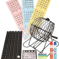 Merkloos Bingo Spel Zwart/wit Complete Set 29 Cm Nummers 1-75 Met Molen, 168x Bingokaarten En 2x Stiften - Bingospel - Bingo Spellen - Bingomolen Met Bingokaarten - Bingo Spelen