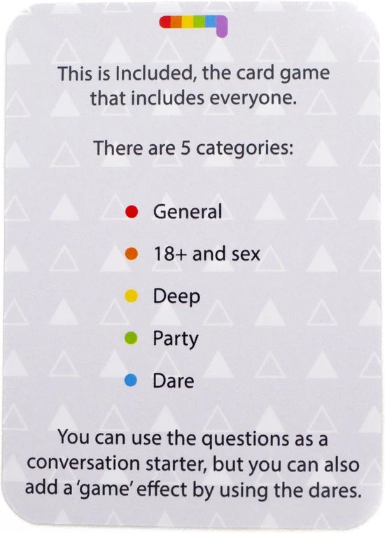 Merkloos INCLUDED - LGBTQ+ Kaartspel - Queer Party Game - Conversation Starter - Pride Spel - Drankspel - 200 Vragen En 5 Categorie N! 5 Merkloos INCLUDED - LGBTQ+ Kaartspel - Queer Party Game - Conversation Starter - Pride Spel - Drankspel - 200 Vragen En 5 Categorie N! - Afbeelding 3